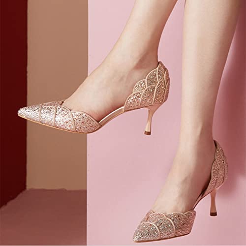 Image of XYD Women's Pumps, Elegant Pointed Toe, D'Orsay Kitten Low Heels, Rhinestone Studs, Slip-On Satin Shoes for Wedding