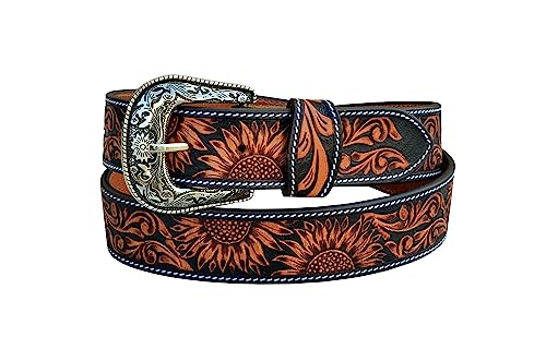 Western Tooled Leather Belt for Men & Women – Sunflower Floral Design, Removable Buckle – 30AB101
