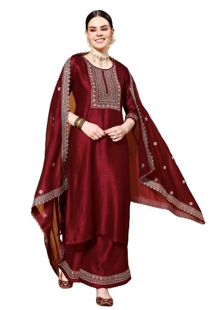 Image of SheWill Girl's Silk Womens Festive Ethnic Kurta Palazzo Set
