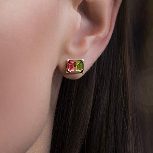 Devin Rose Sterling Silver Emerald Shaped Simulated Watermelon Tourmaline Stud Earrings for Women Horizontal4