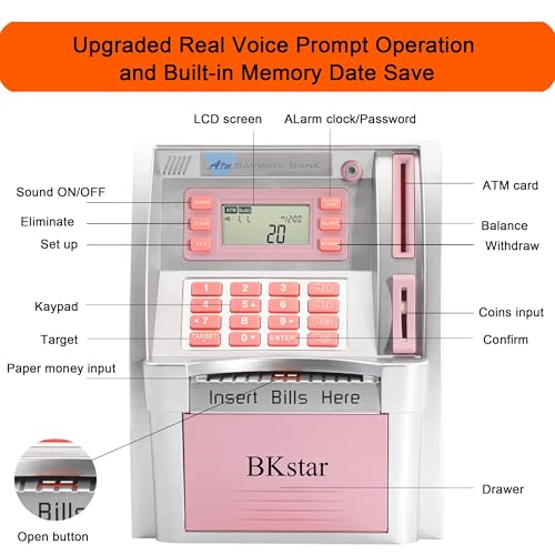 BKstar Kids Talking Pink ATM Piggy Bank with Debit Cards, Power-Off Memory, Auto-Opening Drawer for Real Money for Girls, Onekey Shutdown, Bill Feeder, Coin Recognition, Balance Calculator Machine