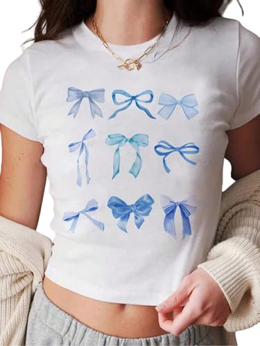 QJQ Girl's Bow Letter Graphic T Shirts Short Sleeve Crewneck Crop Tops Tees Summer Trendy Preppy Cute Clothes