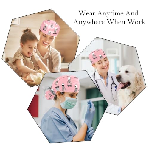 Image of 2 PCS Bouffant Cap with Button Ponytail Pouch Working Cap Sweatband Adjustable Surgical Cap Black and White Cow