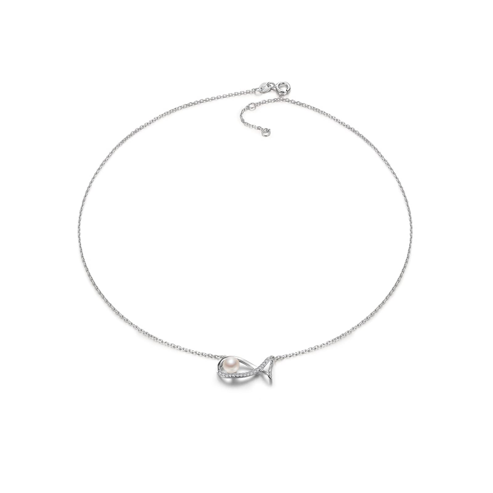 Girls Accessories collane Collana di Perle Piccoli Pesci Catena con Pendente di Perle d'Acqua Dolce intarsiata 925 Bianco 5-6mm Gioielli di Moda Rotondi per la Fidanzata Pendenti da Donna Birthday