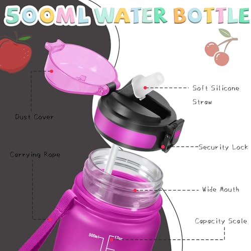 Trinkflasche Kinder, Trinkflasche 500ml, Wasserflasche mit Strohhalm, Auslaufsicher, Wasserflasche mit Zeitmarkierung, Kann mit dir Tragen, Mit Sicherheitsverschluss, Flasche für Büro, Camping, Schule