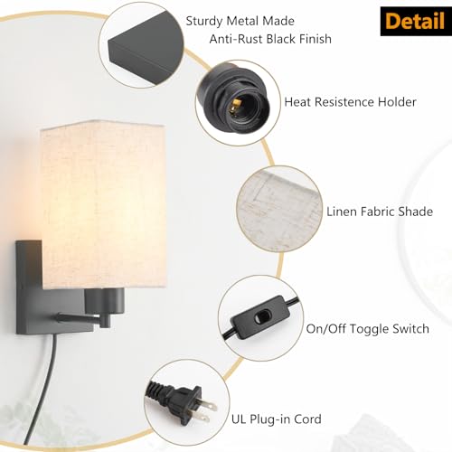 Image of KOONTING Plug in Wall Sconce Set of 2, Rustic Wall Lamp with Plug-in Cord and On /Off Toggle Switch, Linen Fabric Shade Wall Light Fixture for Headboard Bedroom Living Room Hallway (Square-Linen)