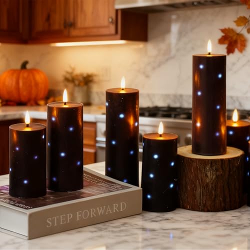 Image of kakoya Flickering Flameless Candles,Battery Operated Real Wax LED Pillar Candles with Remote Control and Timer,with Embedded Star String,Set of 9 (Black)