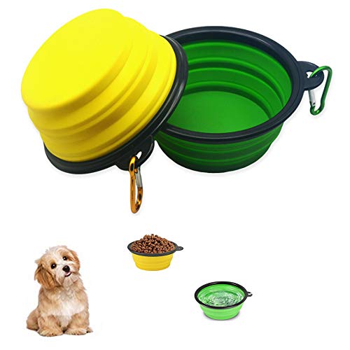 Foldable Dog Bowl, Portable Pet Food Bowl, Travel Bowls for Dogs Cats, Used for Cats, Dogs and Pets for Water and Food (380ml, 2PCS ： Green and Yellow)