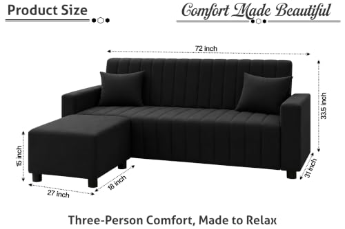 Image of Rosebell Three Seater Sofa Set with Ottoman | Living Room Couch | with Printed Cushions | Sofa for Home, Apartment & Office-Black Color