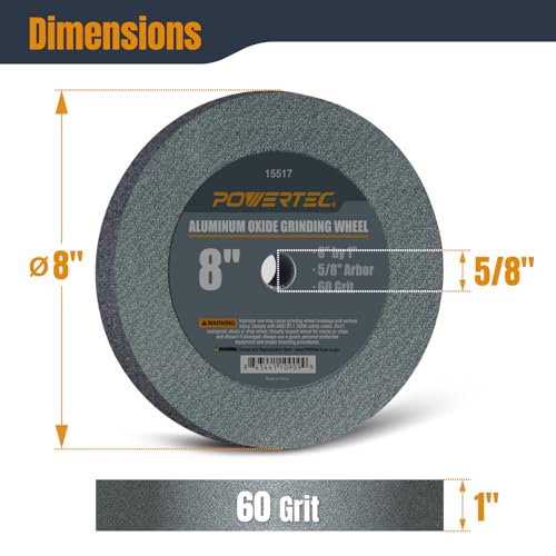 POWERTEC Bench Grinder Wheel 8 Inch 60 Grit, Aluminum Oxide Grinding Wheel for Bench Pedestal Grinder, 1" Thick 5/8" Arbor, Sharpening & Shaping Drill Bits, Blade, and Chisel 1PK (15517)