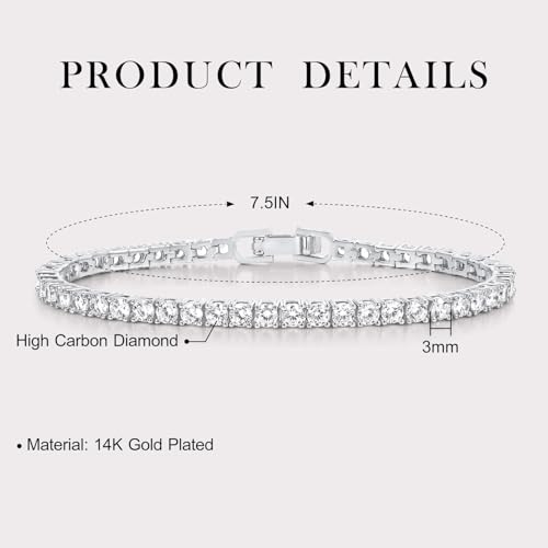 Tennis Bracelet for Women and Men 14K White Gold Plated 3mm High-Carbon Diamond Classic Bracelet Size 7.5 Inch (2.5mm)2