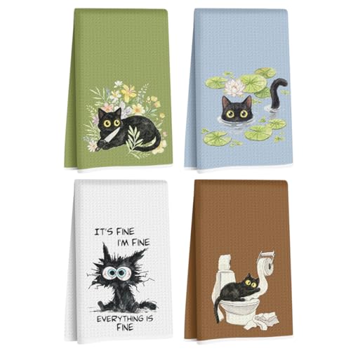 Image of 4 Pcs Funny Black Cat Kitchen Towels 24x14 Inch, Cats Gifts Reusable Dish Towels for Kitchen Bathroom Home Decor, Waffle Weave Absorbent Hand Cloth Tea Towel, Cute Cat Lover Gifts for Women Mom Friend
