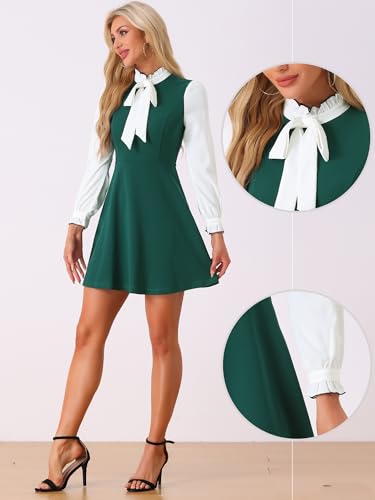 Image of Allegra K Tie Neck Dresses for Women's 1960s Vintage Long Sleeve Contrast Color Dress