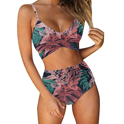 Trajes de baño de talla grande con cintura alta, 2 trajes de baño florales, conjunto de tankinis para mujer, talla grande 20, azul marino, XL