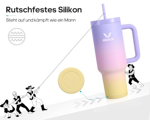 Image of Drinking Bottle with Straw, 1.2 L Thermal Mug with Handle, Leak-Proof | Double wall vacuum insulation, splash proof lid, non-slip silicone base, fits car cup holders