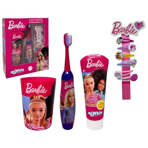 Barbie - Juego de accesorios para el cuidado de la higiene bucal para niños, 4 piezas, cepillo de dientes eléctrico, pasta de dientes, vaso pinzas