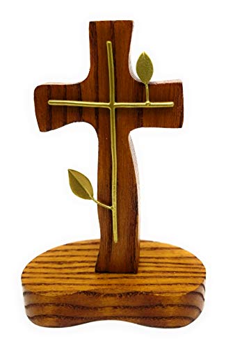 GoldenTBox Handmade Holy Standing Table Altar Wood Cross with Metal Detailing for Gift or Home Work Office Decor on Easter, Mother’s Day, Father’s Day, Christmas, Wedding Anniversary (Brass Cross)