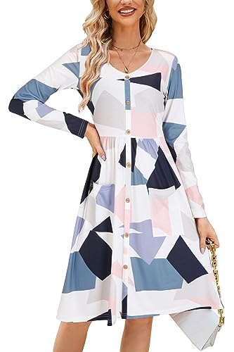 Image of OUGES Women's V Neck Button Down Skater Midi Dress with Pockets