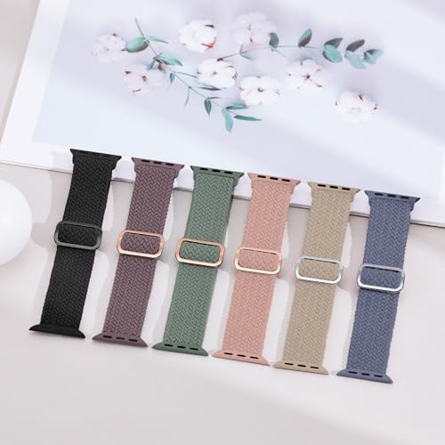 Image of 6 Pack Braided Stretchy Bands Compatible with Apple Watch Band 38mm 40mm 41mm 42mm 44mm 45mm 46mm 49mm Women Men, Adjustable Nylon Solo Loop Elastic Straps for iWatch Series 11 10 9 8 7 6 5 4 SE Ultra