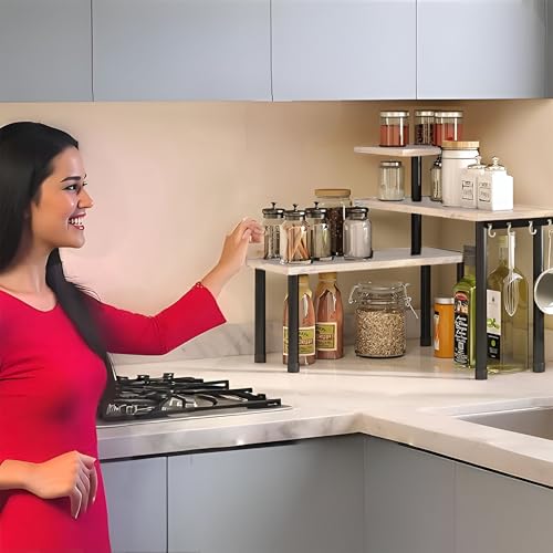 Image of ABJA Stylish Wooden Rack for Kitchen Storage, Corner Shelf for Kitchen Organizer, 3 Tier Spice, Oil Stand, Tabletop Adjustable Rack for Makeup, Office (Classic Beige, 3 Tier Corner)
