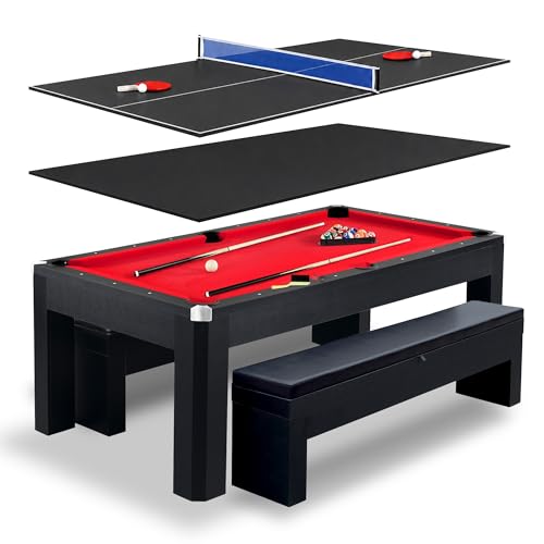 Hathaway Park Avenue 7 Foot Pool Table Combo 3 in 1 Game Table with Reversible Ping Pong & Dining Top Includes Game Accessories & Two Benches Chrome-Plated Corners Black Finish Red Felt