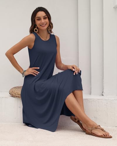 Image of AUSELILY Women's Summer Dresses Casual Sleeveless Midi Tank Beach Dress | Women's Asymmetrical Hem Sundress with Side Pockets, Great for Beach, Vacation & Daily Wear