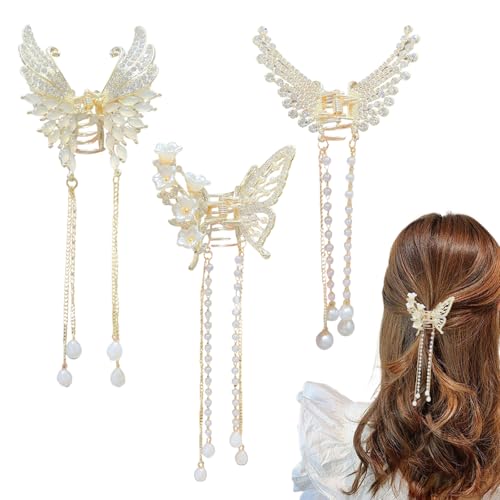3er-Pack Schmetterling-Haarklammer Gold Metall mit Fransen und Quasten - Elegante Perlen-Strass-Haarspange für Frauen und Mädchen 3er-Pack Schmetterling-Haarklammer Gold Metall mit Fransen und Quasten - Elegante Perlen-Strass-Haarspange für Frauen und Mädchen