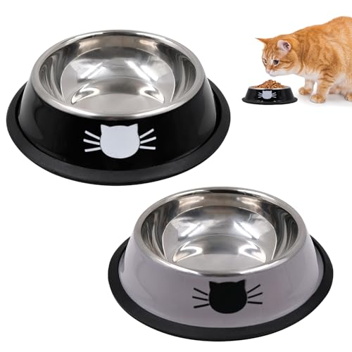 Katzennäpfe 2er Set aus Edelstahl für Katzen und kleine Hunde, Rutschhemmender Futternapf mit abnehmbarem Gummiring, Pflegeleichtes Napfset in Grau und Schwarz