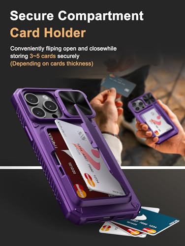 Image of Vihibii for iPhone 15 Pro Max Case with Card Holder (4 Cards) & Slide Camera Cover & Kickstand, Military Grade Drop Protection, Rugged Hard Back & Silicone Edge Wallet Back Cover, 6.7 inch, Dark Purple