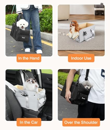 Pawaboo Hunde Autositz für kleine Hunde, Mittelkonsolen-Hundesitzerhöhung, Verdicktes Hundeautositz mit Weichem Plüsch, Hundbett mit Befestigung und Sicherheitsleine, bis zu 15lbs, Grau + Beige