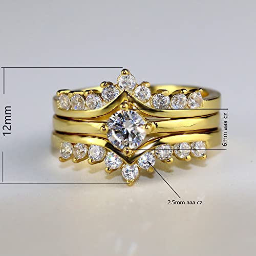 Yellow Gold Plated 3pcs Womens Wedding Ring Sets Bridal Sets Round Cz Engagement Ring Wedding Band2