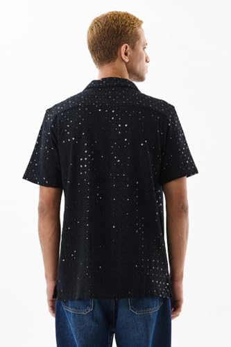 Image of SNITCH Men Casual Shirt | Regular Fit Half Sleeve Cuban Collar Textured Pattern with Embellished Sequins | 100% Viscose & Breathable Fabric for Everyday Wear