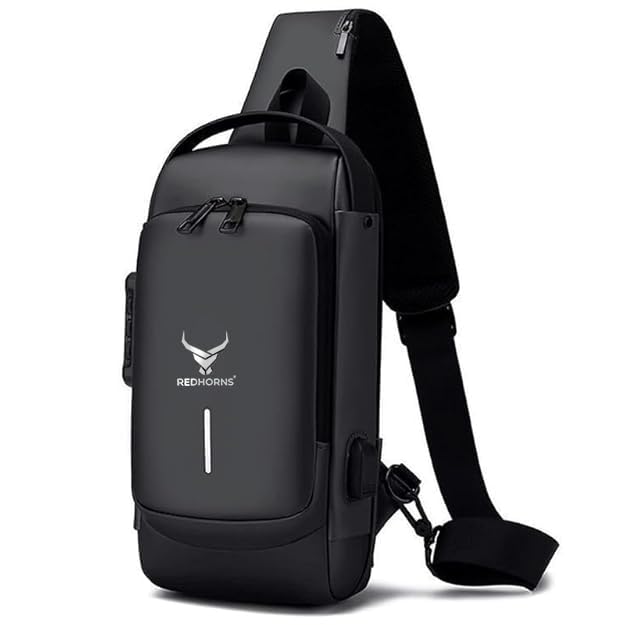 REDHORNS Waterproof Crossbody Chest Bag for Men & Women with USB Charging Port Unisex Design Anti-Theft Zipper Password Lock Shoulder Bag, Sling Bag for Travel