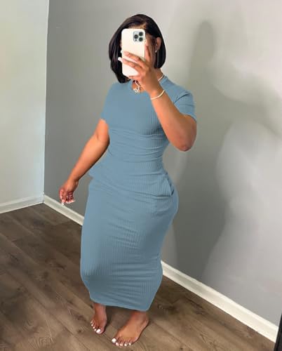 Image of Women's Casual Short Sleeve Dress T Shirt Bodycon Dresses Ribbed V Neck Maxi Sundress Basic Party Club Dress with Pocket