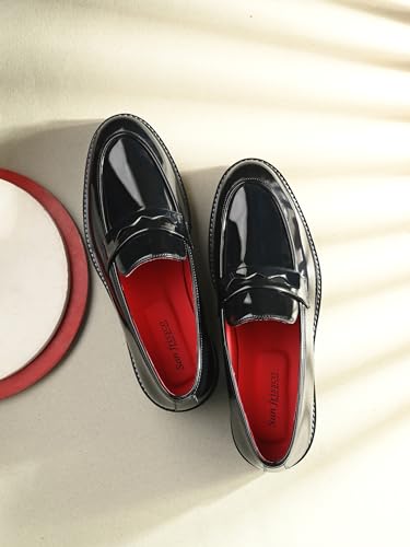 Image of San Frissco Men's Glossy Shine Loafers - Slip‑On Formal Shoes with Buckle, Anti‑Slippery Wrinkle‑Free Leatheratte Upper, Durable Lightweight Design, Comfortable Cushioned Footbed