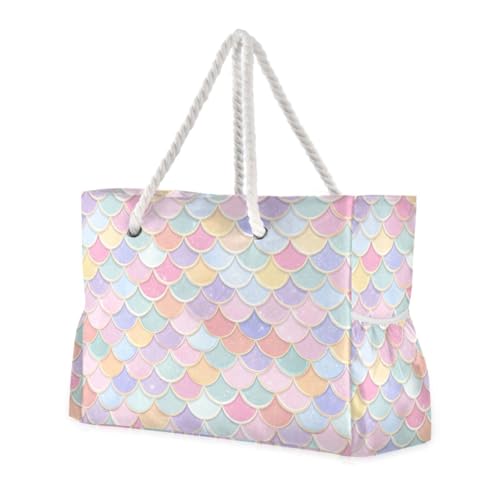 Rainbow Scales with Sparkles Beach Bag & Travel Tote Bag Large Sandproof with Zipper Closure, Wet Pouch for Swim Gym Travel, Lightweight Foldable Outdoor Bag