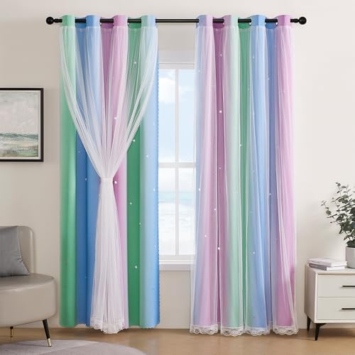 Image of XiDi Curtains for Bedroom Decor, Rainbow Green PurpleBlue34 /90 /1