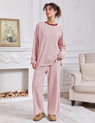 Image of MISSACTIVER Women's 2 Piece Striped Lounge Set Long Sleeve Oversized T-Shirt Wide Leg Pants Matching Pajamas Set