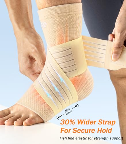 Image of Low-Profile Ankle Braces for Women & Men, Customizable Ankle Compression Sleeve w /Wide Strap, Foot Support Wrap for Plantar Fasciitis Pain Relief, Achilles Tendonitis, Sprain, Beige, 1 Pair, S