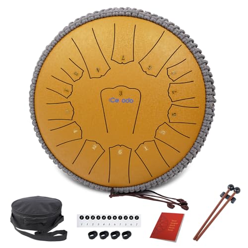 Rain Drum for Outside Garden, Steel Tongue Drum, Rain Chime Chakra Drum, Hand Pan Musical Instrument Valentine's Day Gift with Bag for Adult, Mallets for Meditation Yoga (Gold, 13“ 15 Notes, D key)