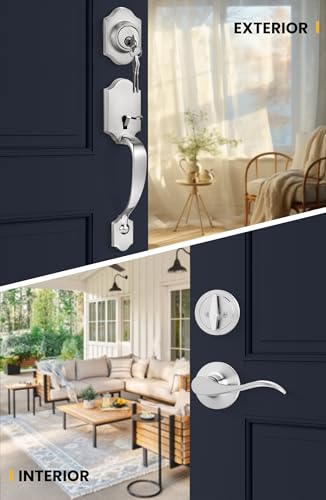 Image of Goldenwarm Front Door Handle and Deadbolt Set, Brushed Nickel Front Door Lock Set with Reversible Handle Lever, Classic Front Door Hardware, Single Cylinder Front Door Entry Lock