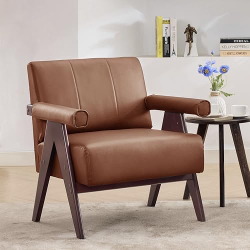 Image of STHOUYN Leather Accent Chairs, Living Room Chair with Wooden Legs (Brown) | STHOUYN, Mid Century Modern, Office, Apartment, Waiting Room