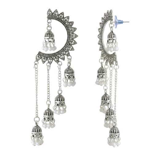 Image of WORLD CRAZE Multicolour long kashmiri jhumka for women chandbali earrings chand baliyan | kashmiri earrings for women | bahubali earrings stylish | Traditional Indian Festive Jewelry | Long Chain Tassels | Pearl Drop Latkan Jewellery (Multi colour)