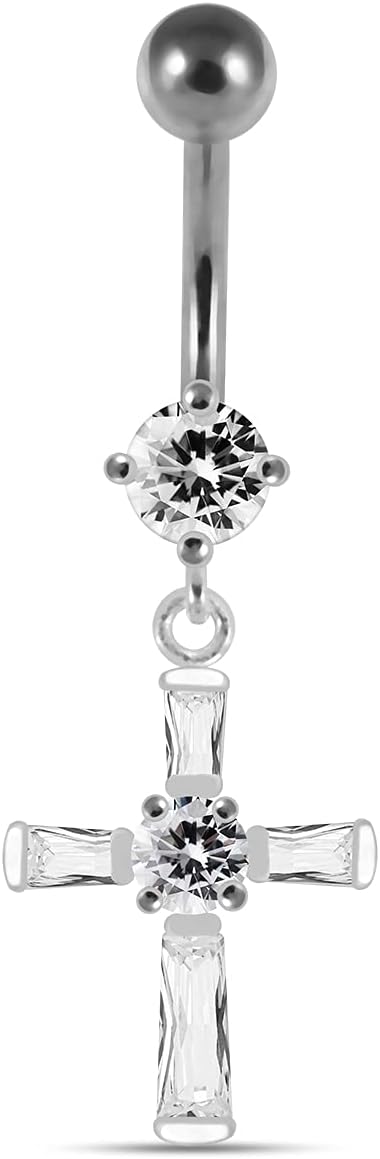Silver Belly Rings Clear CZ Gemstone Round with Cross Dangling 925 Sterling Body Jewelry