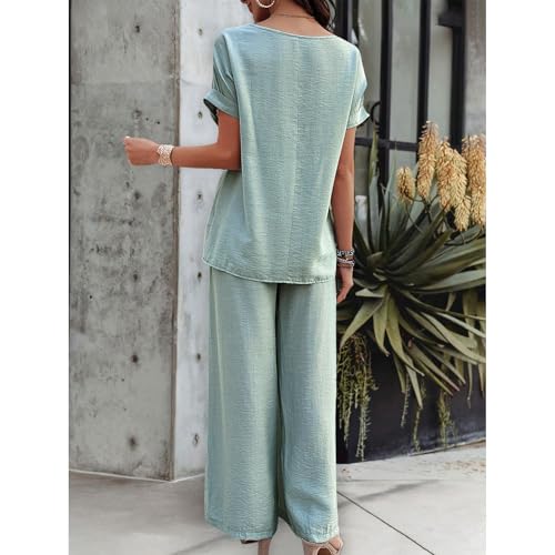 SYKT Two Piece for Women Casual Pullover Tops and Wide Leg Sweatpant Lounge Sets with Pocket Beach Outfits