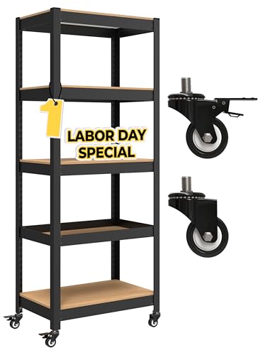 HOMEDANT House 5-Tier Metal Rolling Cart Shelf Rack Casters Heavy Duty Laminated Wheel Shelving Unit Adjustable Utility Storage Shelves Organizer Shelf Kitchen Garage 24.4