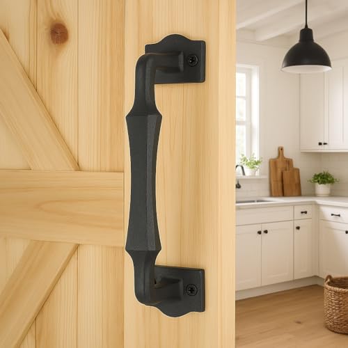 Image of 10 Inch Colonial Tapered Barn Door Handle - Black Cast Iron Pull for Sliding Doors, Gates, Sheds, Fences, Closets - Indoor Outdoor Farmhouse Hardware