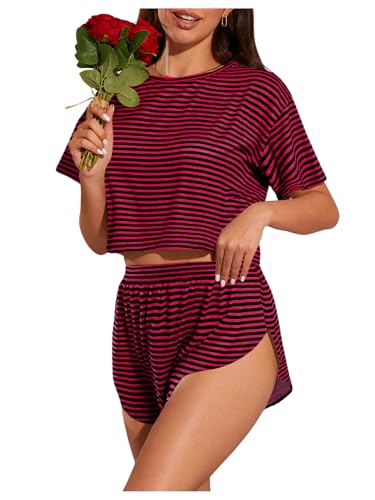 Image of OYOANGLE Womens Pajama Sets 2 Piece Sexy Lounge Sets Summer Cute Pjs Striped Print Tee and Side Split Shorts Set