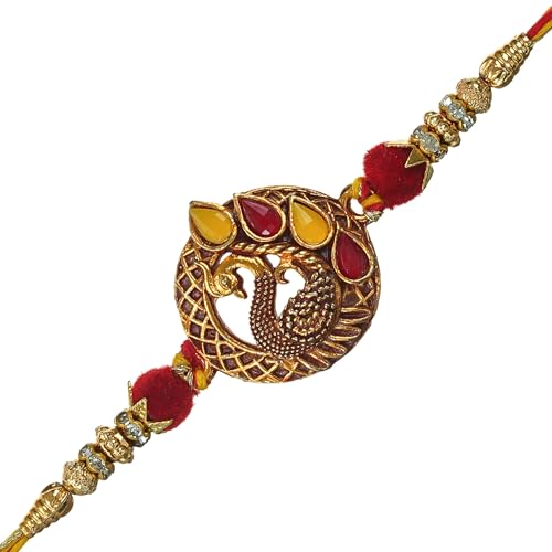Image of eCraftIndia Peacock Rakhi for Brother Bhaiya Bhai with Best Bro Ever Fridge Magnet | Roli Chawal Pack