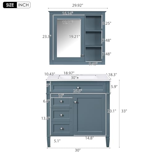 Image of Merax 30 Inch Bathroom Vanity with Sink Set, Modern Bathroom Vanity Storage Cabinet with Matching Mirror Medicine Cabinet, Solid Wood Frame,Painted Finish, 2 Drawers and 1 Tip-Out Drawer, Indigo